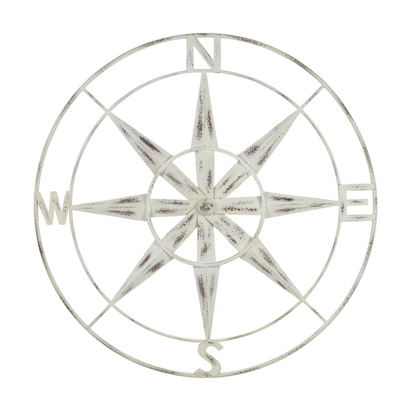 Homeroots Nautical Compass Metal Wall Decor With Distressed White Finish 376590