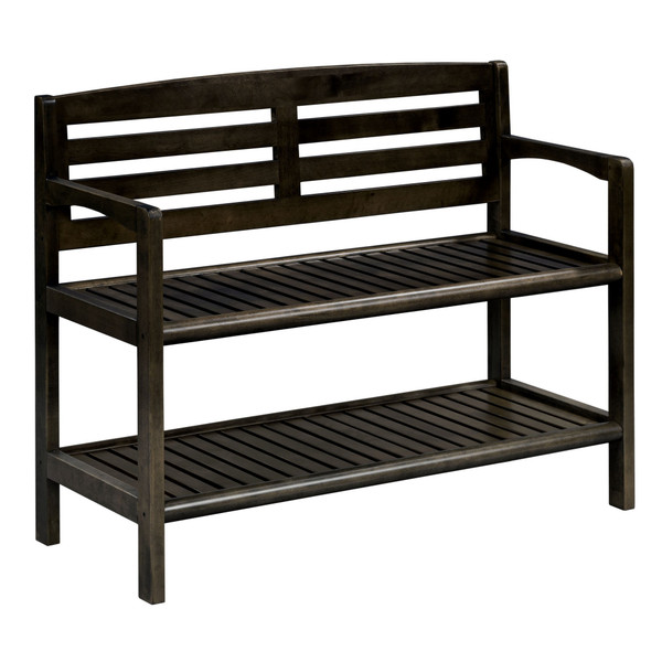 Homeroots Rectangular Wood Bench With Back And Shelf In Espresso 380023