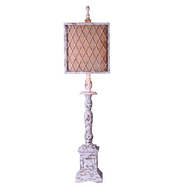 Homeroots Distressed White Traditional Table Lamp With Ivory Linen And Mesh Metal Shade 380100