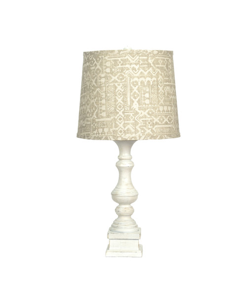 Homeroots Distressed White Table Lamp With Patterned Tan Linen Shade 380161