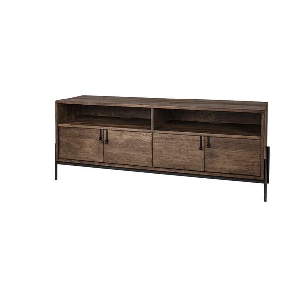 Homeroots Medium Brown Mango Wood Finish Tv Stand Media Console With 4 Doors And 2 Open Shelves 380198