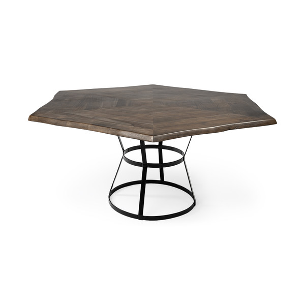 Homeroots 68" Hexagon Brown Solid Wood Top With Black Metal Base Dining Table 380475