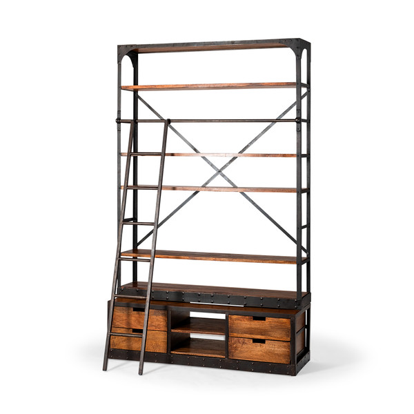Homeroots Medium Brown Wood Shelving Unit With Copper Ladder And 4 Shelves 380587