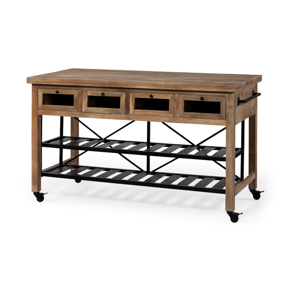 Homeroots Brown Solid Wood Top Kitchen Island With Two Tier Black Metal Rolling 380617