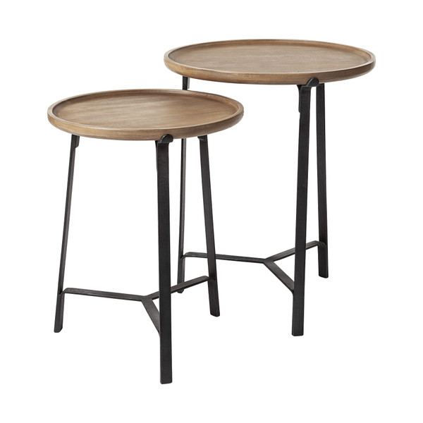 Homeroots Set Of 2 - Round Brown Solid Wood Iron Base Nesting Side Tables 380667