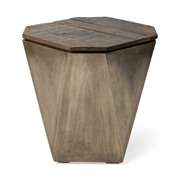 Homeroots Brass And Natural Wood Side Table With Hexagonal Hinged-Top 380674