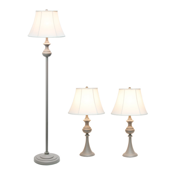 Elegant Designs Traditionally Crafted 3 Pack Lamp Set (2 Table Lamps, 1 Floor Lamp) With White Shades, Gray LC1019-GRY