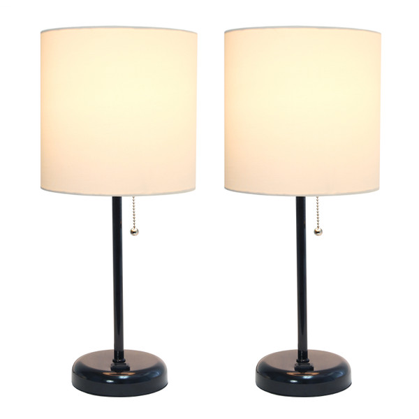 Limelights Black Stick Lamp With Charging Outlet And Fabric Shade 2 Pack Set, White LC2001-BAW-2PK