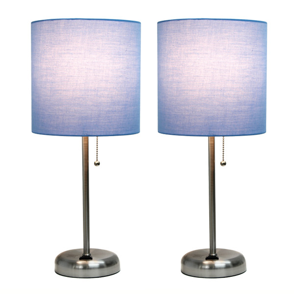 Limelights Brushed Steel Stick Lamp With Charging Outlet And Fabric Shade 2 Pack Set, Blue LC2001-BLU-2PK