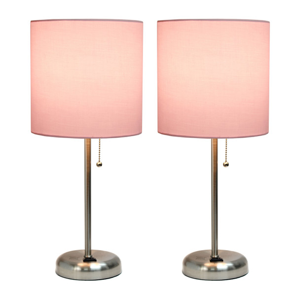 Limelights Brushed Steel Stick Lamp With Charging Outlet And Fabric Shade 2 Pack Set, Light Pink LC2001-LPK-2PK