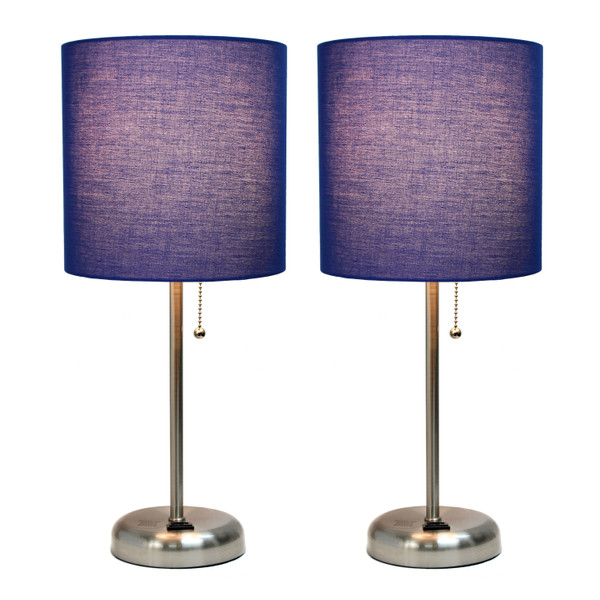 Limelights Brushed Steel Stick Lamp With Charging Outlet And Fabric Shade 2 Pack Set, Navy LC2001-NAV-2PK