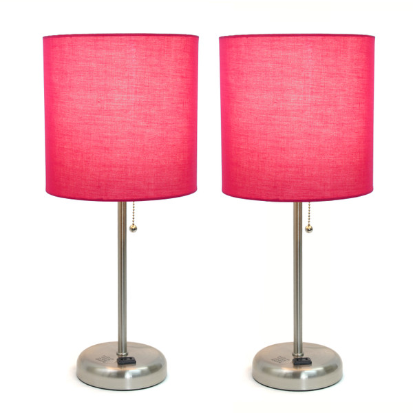 Limelights Brushed Steel Stick Lamp With Charging Outlet And Fabric Shade 2 Pack Set, Pink LC2001-PNK-2PK