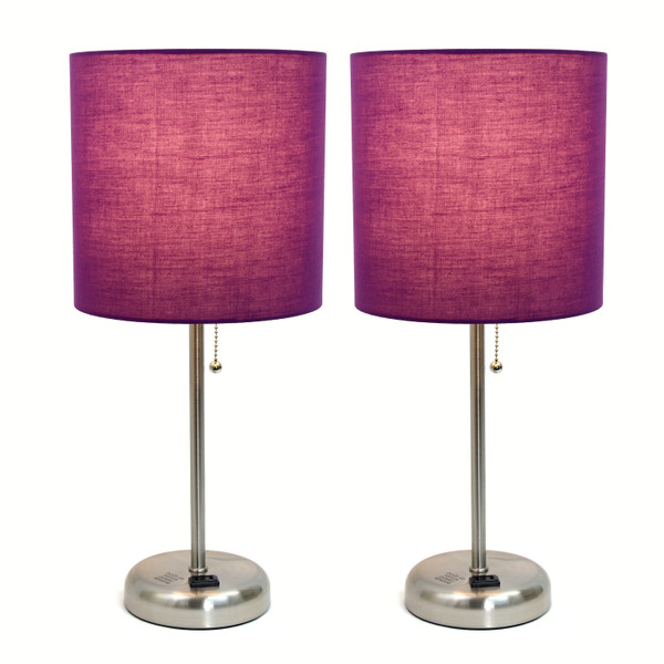 Limelights Brushed Steel Stick Lamp With Charging Outlet And Fabric Shade 2 Pack Set, Purple LC2001-PRP-2PK