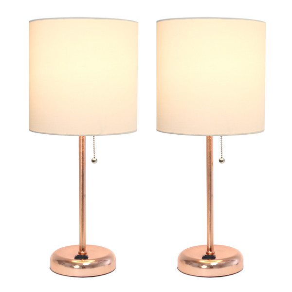 Limelights Rose Gold Stick Lamp With Charging Outlet And Fabric Shade 2 Pack Set, White LC2001-RGD-2PK