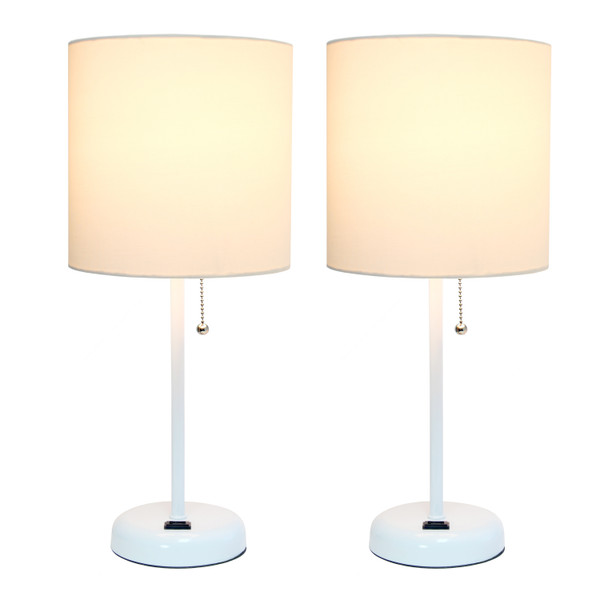 Limelights White Stick Lamp With Charging Outlet And Fabric Shade 2 Pack Set, White LC2001-WOW-2PK
