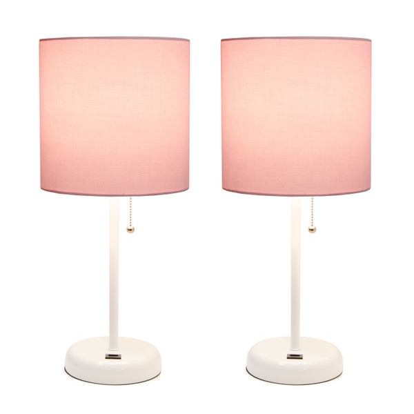 Limelights White Stick Lamp With Usb Charging Port And Fabric Shade 2 Pack Set, Light Pink LC2002-POW-2PK