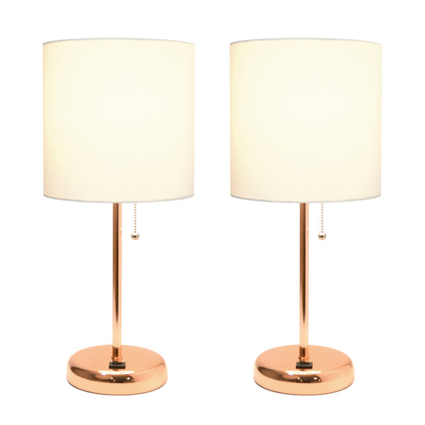 Limelights Rose Gold Stick Lamp With Usb Charging Port And Fabric Shade 2 Pack Set, White LC2002-RGD-2PK