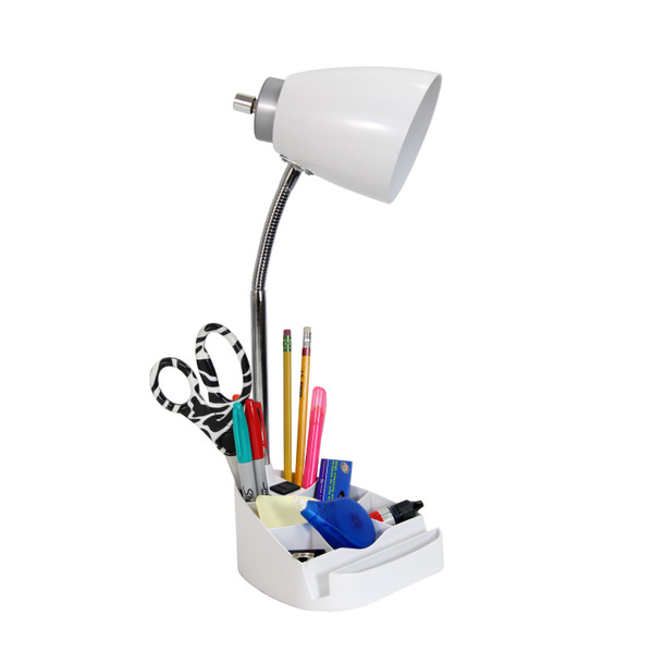 Limelights Gooseneck Organizer Desk Lamp With Ipad Tablet Stand Book Holder And Charging Outlet, White LD1057-WHT