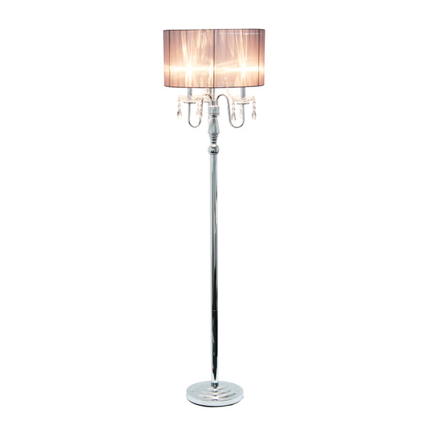 Elegant Designs Romantic Cascading Crystal And Chrome Floor Lamp With Drum Shade, Gray LF1002-GRY