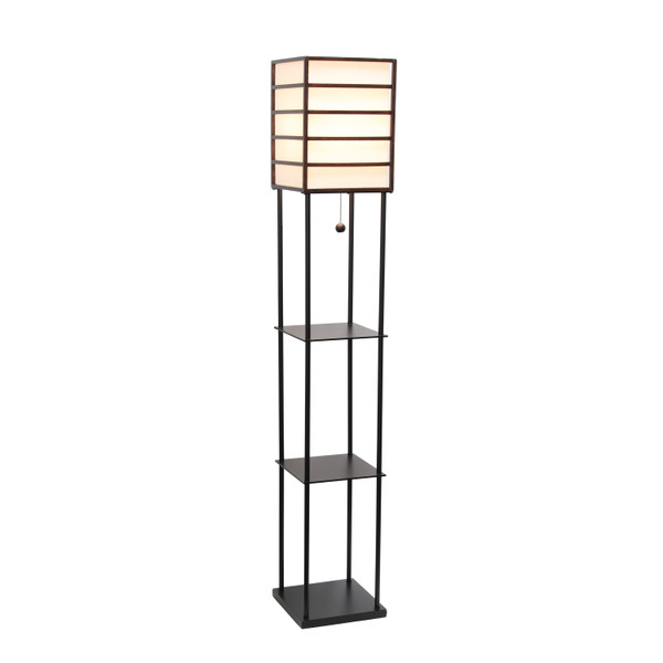 Lalia Home 1 Light Metal Etagere Floor Lamp With Storage Shelves And Linen Shade, Dark Wood LHF-5055-DW