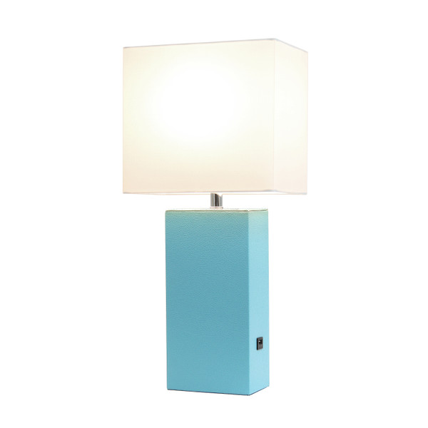 Elegant Designs Modern Leather Table Lamp With Usb And White Fabric Shade, Aqua LT1053-AQU