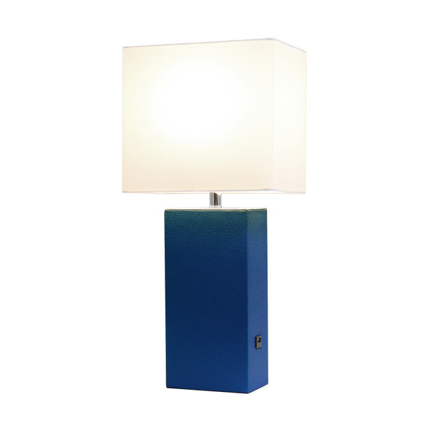 Elegant Designs Modern Leather Table Lamp With Usb And White Fabric Shade, Blue LT1053-BLU