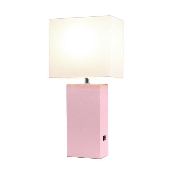 Elegant Designs Modern Leather Table Lamp With Usb And White Fabric Shade, Blush Pink LT1053-BPK