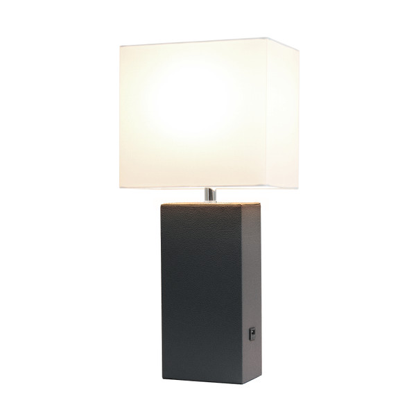 Elegant Designs Modern Leather Table Lamp With Usb And White Fabric Shade, Brown LT1053-BWN