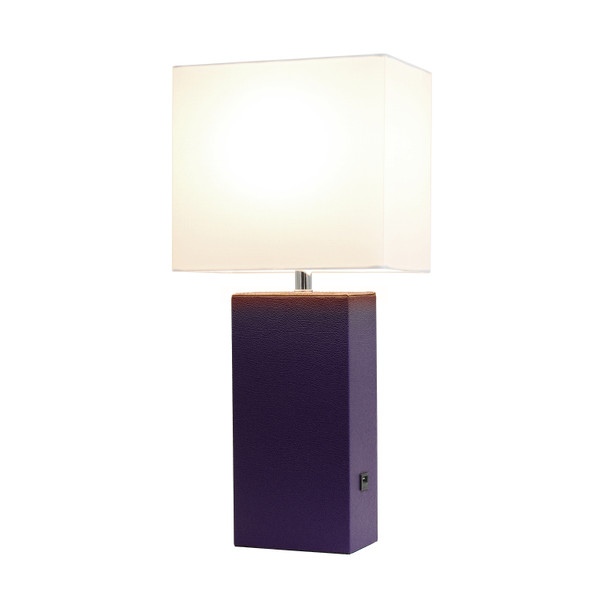 Elegant Designs Modern Leather Table Lamp With Usb And White Fabric Shade, Eggplant LT1053-EGP