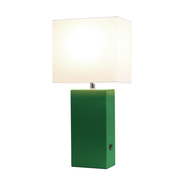 Elegant Designs Modern Leather Table Lamp With Usb And White Fabric Shade, Green LT1053-GRN