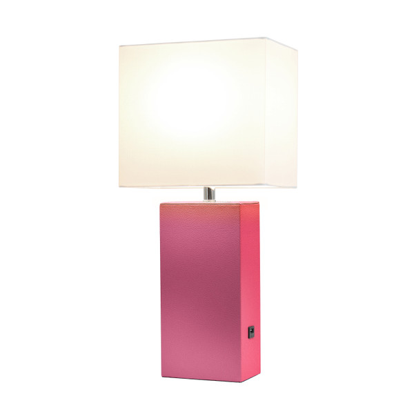 Elegant Designs Modern Leather Table Lamp With Usb And White Fabric Shade, Hot Pink LT1053-HPK