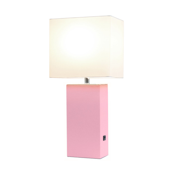 Elegant Designs Modern Leather Table Lamp With Usb And White Fabric Shade, Pink LT1053-PNK