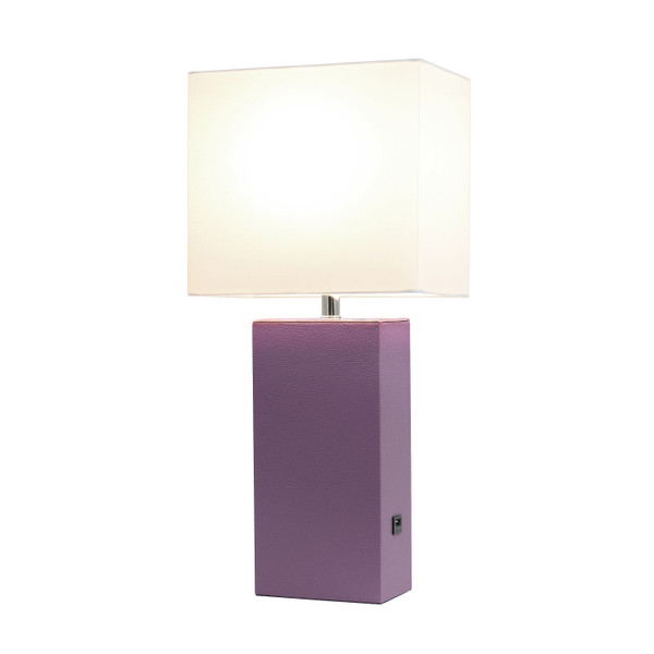 Elegant Designs Modern Leather Table Lamp With Usb And White Fabric Shade, Purple LT1053-PRP