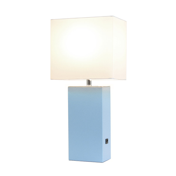 Elegant Designs Modern Leather Table Lamp With Usb And White Fabric Shade, Periwinkle LT1053-PWK