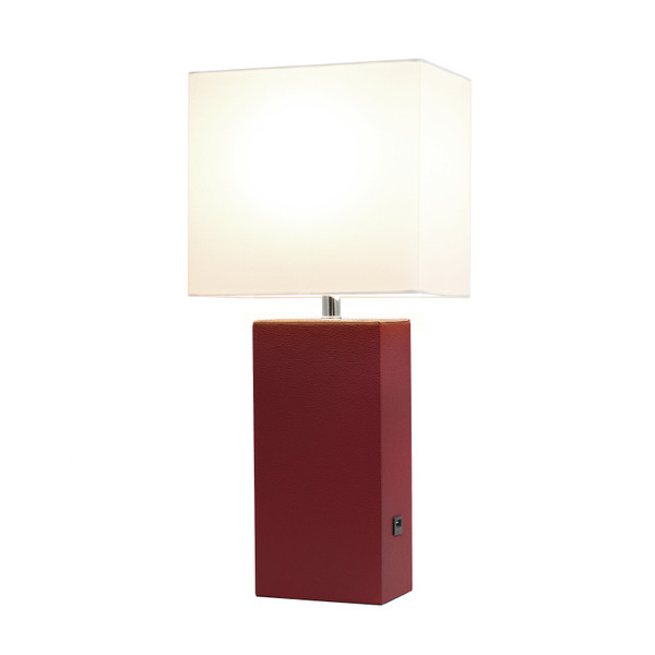 Elegant Designs Modern Leather Table Lamp With Usb And White Fabric Shade, Red LT1053-RED