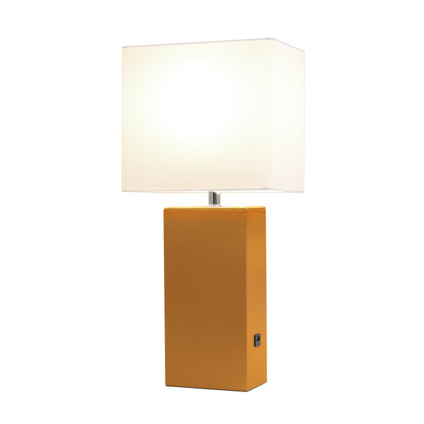 Elegant Designs Modern Leather Table Lamp With Usb And White Fabric Shade, Tan LT1053-TAN