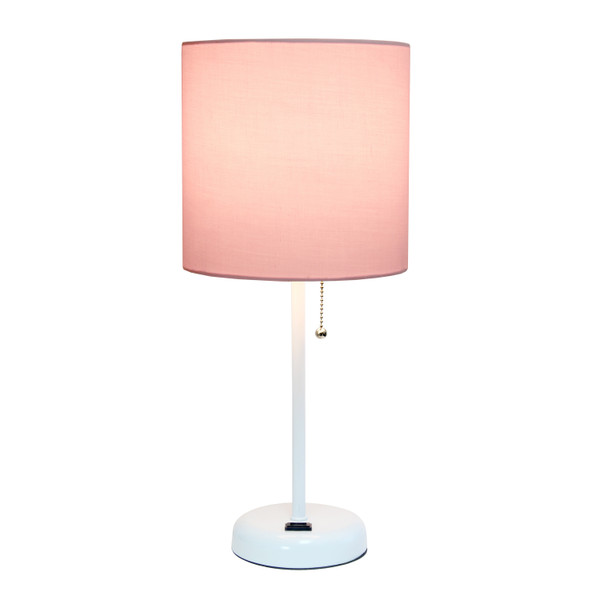 Limelights White Stick Lamp With Charging Outlet And Fabric Shade, Pink LT2024-POW