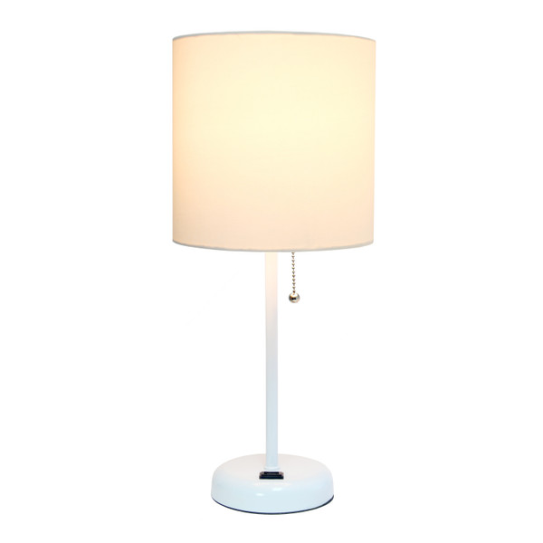 Limelights White Stick Lamp With Charging Outlet And Fabric Shade, White LT2024-WOW