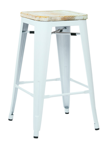 Office Star Bristow 26" Metal Barstool With Vintage Wood Seat - White/Pine Iris (Set Of 4) BRW312611A4-C305