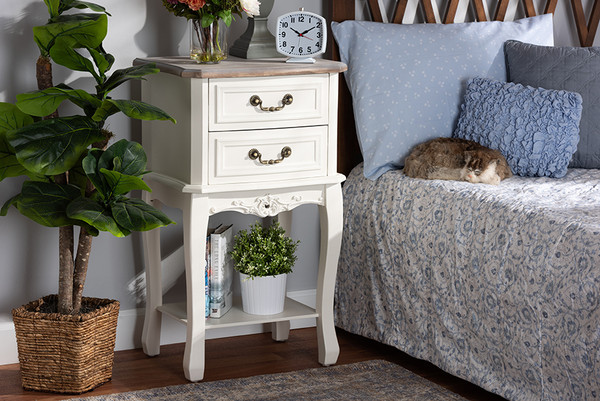 Baxton Studio Amalie Antique French Country Cottage Two-Tone White And Oak Finished 2-Drawer Wood Nightstand JY17B088-White-NS