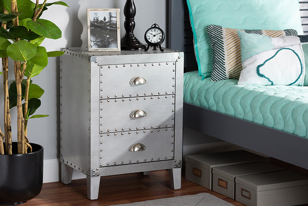 Baxton Studio Claude French Industrial Silver Metal 3-Drawer Nightstand LD18B056-Silver-NS