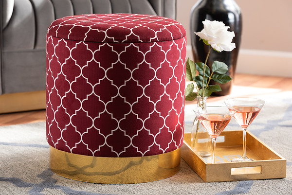 Baxton Studio Serra Glam And Luxe Red Quatrefoil Velvet Fabric Upholstered Gold Finished Metal Storage Ottoman JY19A257-Red/Gold-Otto