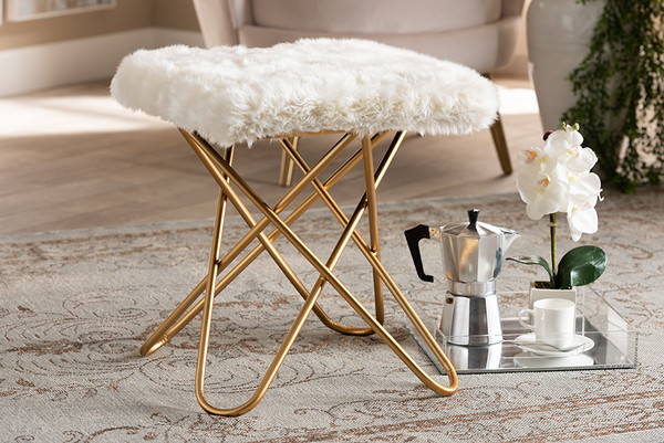 Baxton Studio Valle Glam And Luxe White Faux Fur Upholstered Gold Finished Metal Ottoman JY19A262-White/Gold-Otto