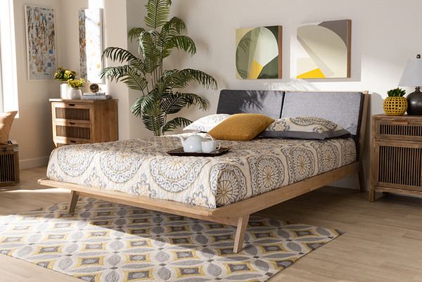 Baxton Studio Emile Modern And Contemporary Grey Fabric Upholstered Natural Oak Finished Wood King Size Platform Bed AMOUR03-Grey/Oak-King