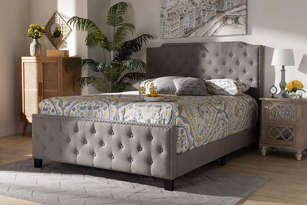 Baxton Studio Marion Modern Transitional Grey Fabric Upholstered Button Tufted Queen Size Panel Bed Marion-Grey-Queen