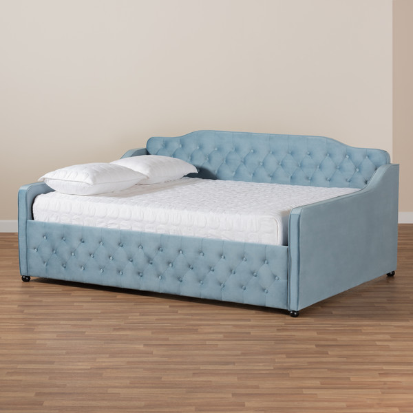 Baxton Studio Freda Transitional And Contemporary Light Blue Velvet Fabric Upholstered And Button Tufted Queen Size Daybed Freda-Light Blue Velvet-Daybed-Queen