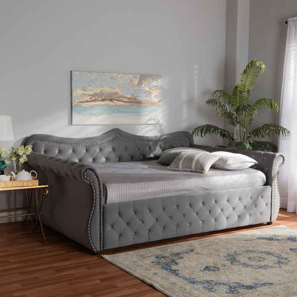 Baxton Studio Abbie Traditional And Transitional Grey Velvet Fabric Upholstered And Crystal Tufted Full Size Daybed Abbie-Grey Velvet-Daybed-Full