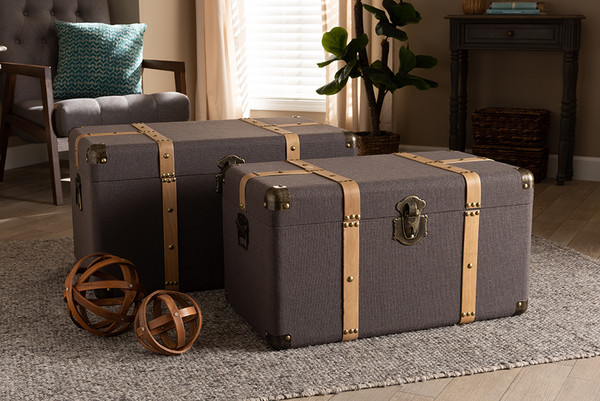 Baxton Studio Stephen Modern And Contemporary Transitional Dark Brown Fabric Upholstered And Oak Brown Finished 2-Piece Storage Trunk Set R87R537-2PC Trunk Set