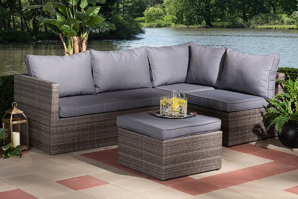 Baxton Studio Pamela Modern And Contemporary Grey Polyester Upholstered And Brown Finished 4-Piece Woven Rattan Outdoor Patio Set MLM-210180-Grey