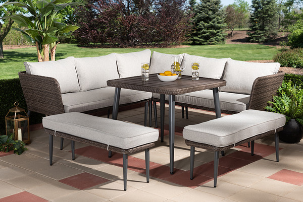 Baxton Studio Lillian Modern And Contemporary Light Grey Upholstered And Brown Finished 5-Piece Woven Rattan Outdoor Patio Set MLM-210505-Grey